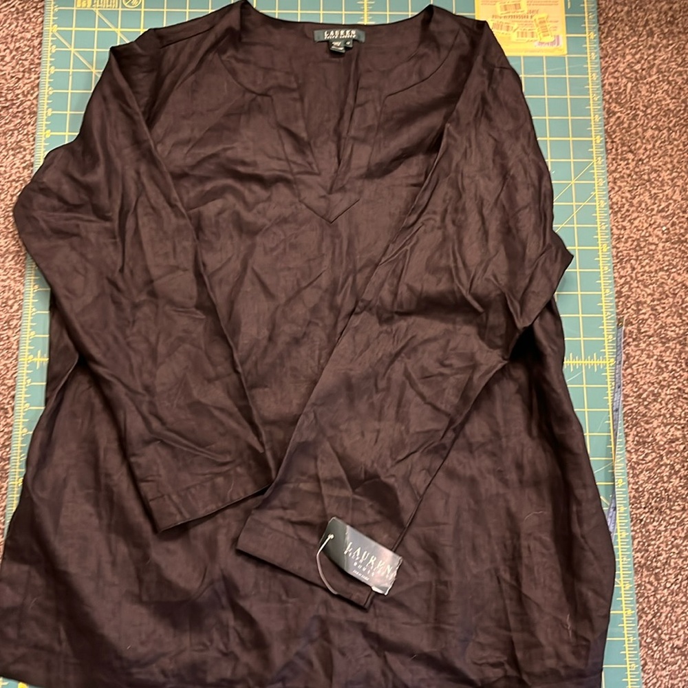 NWT Ralph Lauren open neck black split hem linen top size 1X